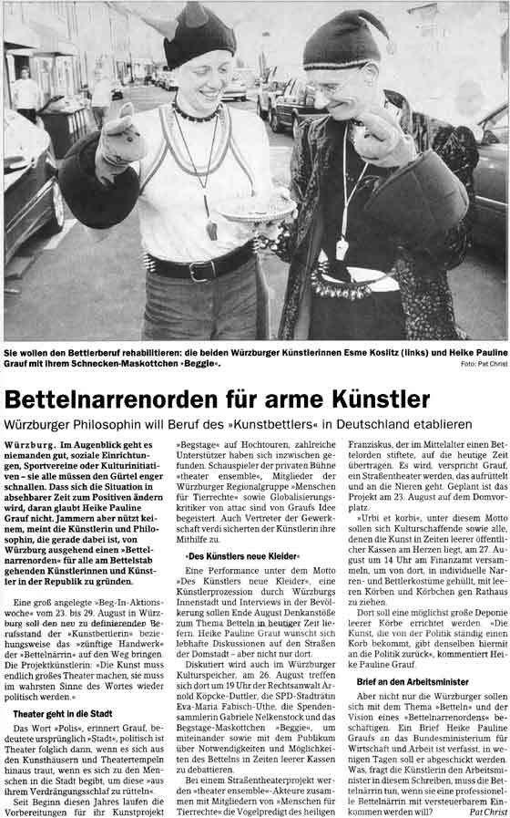 "Bettelnarrenorden f&uuml;r arme K&uuml;nstler", Main-Echo vom 10./11.6.2004 (Pat Christ)