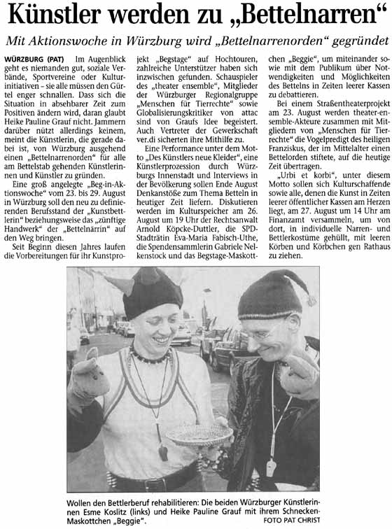 K&uuml;nstler werden zu "Bettelnarren", Volksblatt vom 19.6.2004 (Pat Christ)